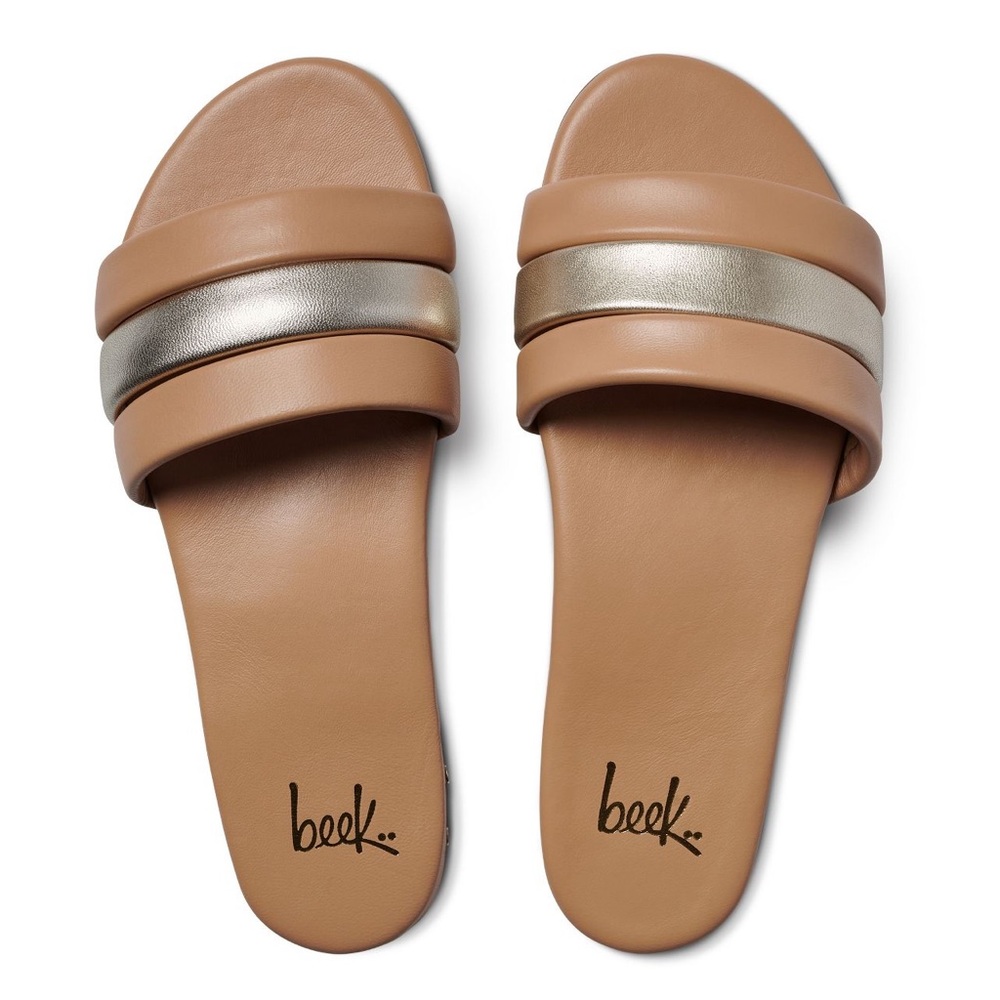 NIB Beek Calibird Honey Brown Platinum Leather Slide Sandals 9 Anthropologie